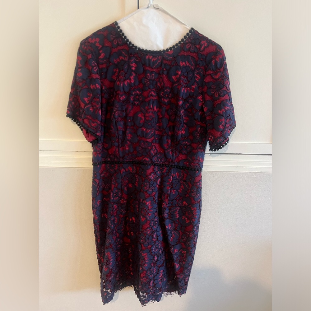 Festive, short sleeved dress with lace overlay.